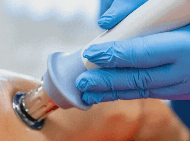 Gloved hands holding a shockwave therapy handpiece against a patient’s ankle